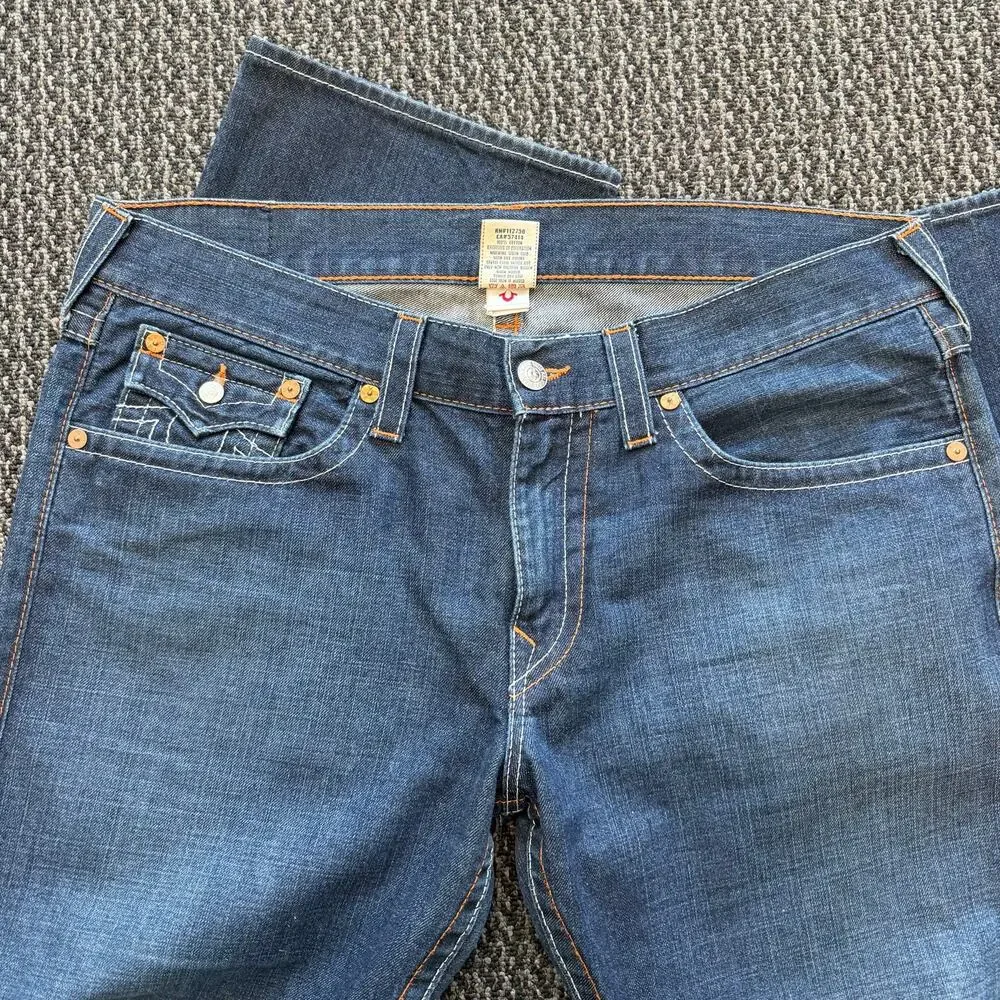 True Religion Straight Jeans Mens Dark Wash Relaxed Straight Flap Pocket 38x33